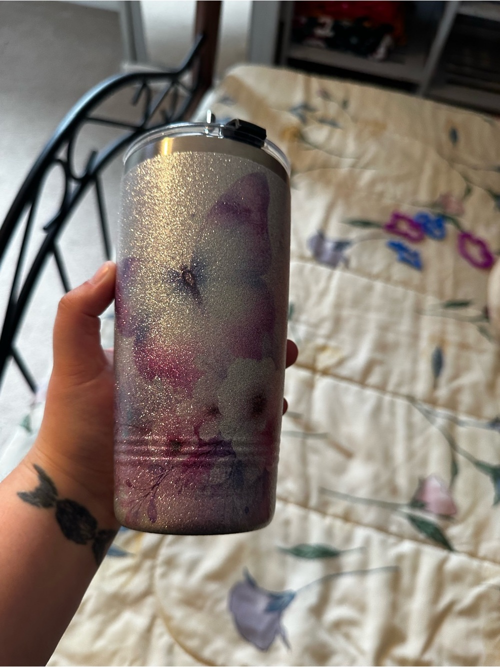 Glittery Floral Stainless Tumbler - Purple & Silver